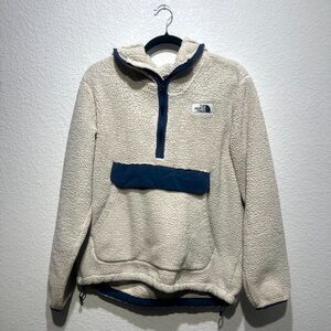 The North Face Campshire Sherpa Hoodie Mens Large White Blue Logo Quarter Zip